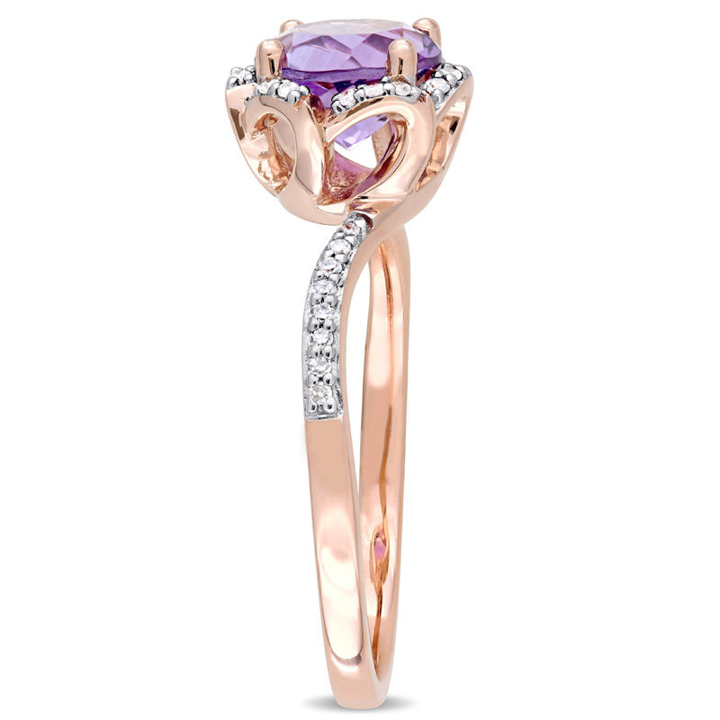 Main Image 2 of 7.0mm Amethyst and 0.10 CT. T.W. Diamond Floral Frame Bypass Ring in 14K Rose Gold