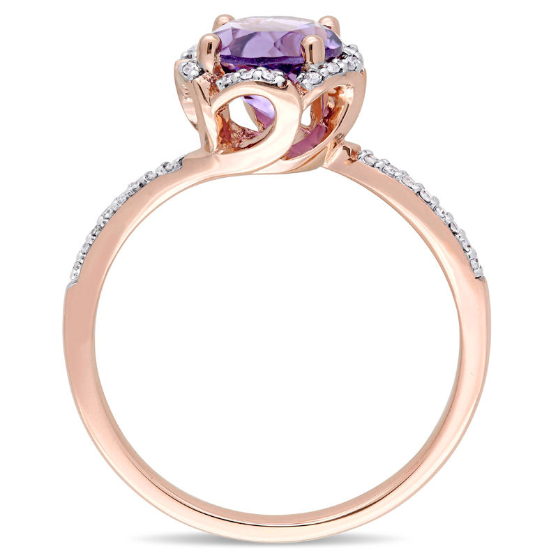 Main Image 3 of 7.0mm Amethyst and 0.10 CT. T.W. Diamond Floral Frame Bypass Ring in 14K Rose Gold