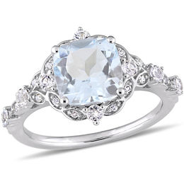 8.0mm Cushion-Cut Aquamarine, White Sapphire and 0.06 CT. T.W. Diamond Frame Vintage-Style Ring in 14K White Gold