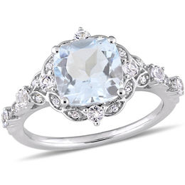 8.0mm Cushion-Cut Aquamarine, White Sapphire and 0.06 CT. T.W. Diamond Frame Vintage-Style Ring in 14K White Gold