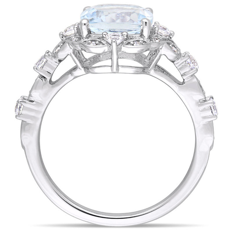 Main Image 2 of 8.0mm Cushion-Cut Aquamarine, White Sapphire and 0.06 CT. T.W. Diamond Frame Vintage-Style Ring in 14K White Gold