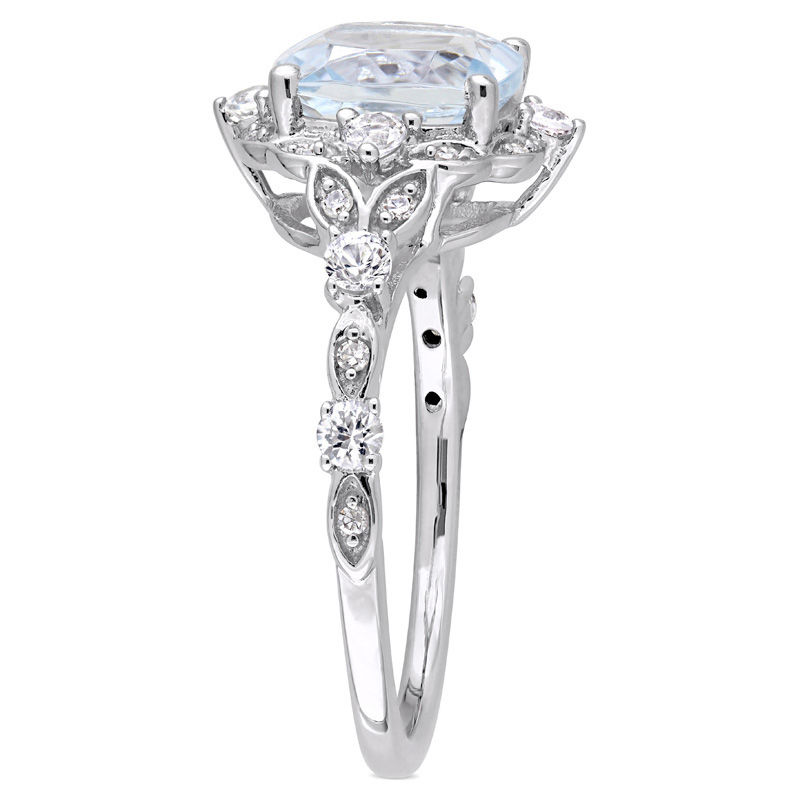 Main Image 3 of 8.0mm Cushion-Cut Aquamarine, White Sapphire and 0.06 CT. T.W. Diamond Frame Vintage-Style Ring in 14K White Gold
