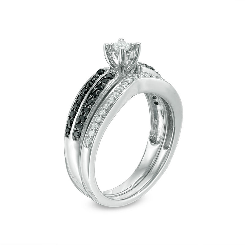 0.45 CT. T.W. Enhanced Black and White Diamond Double Row Bridal Set in Sterling Silver