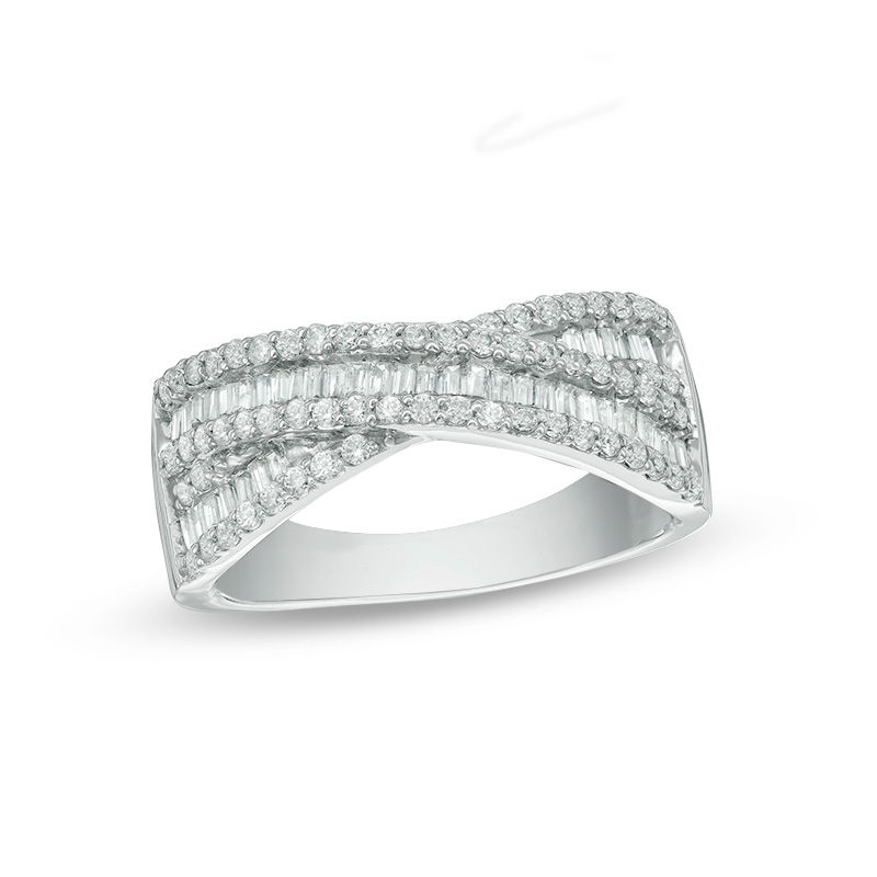 0.69 CT. T.W. Baguette and Round Diamond Crossover Band in 10K White Gold