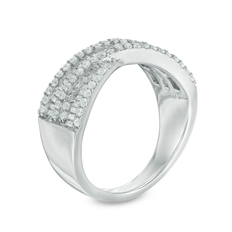 0.69 CT. T.W. Baguette and Round Diamond Crossover Band in 10K White Gold