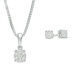 0.21 CT. T.W. Composite Diamond Flower Pendant and Stud Earrings Set in Sterling Silver