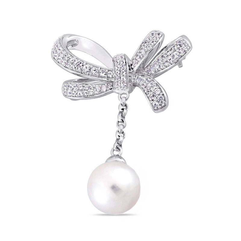 9.5 - 10.0mm Cultured Freshwater Pearl and White Sapphire Bow Brooch in Sterling Silver|Peoples Jewellers