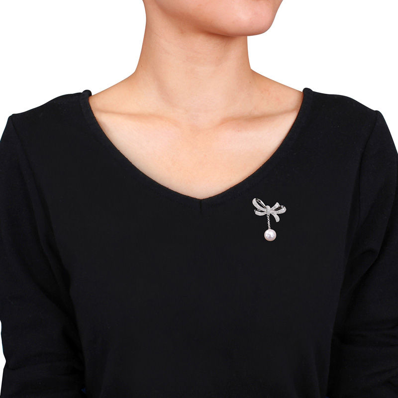Main Image 2 of 9.5-10.0mm Freshwater Cultured Pearl and White Sapphire Bow Brooch in Sterling Silver