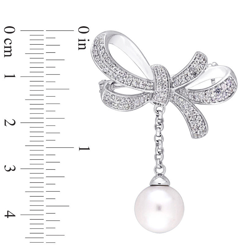 Main Image 3 of 9.5-10.0mm Freshwater Cultured Pearl and White Sapphire Bow Brooch in Sterling Silver