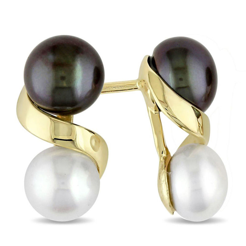 5.5 - 6.0mm Button White and Dyed Black Cultured Freshwater Pearl Cascading Drop Earrings in 10K Gold