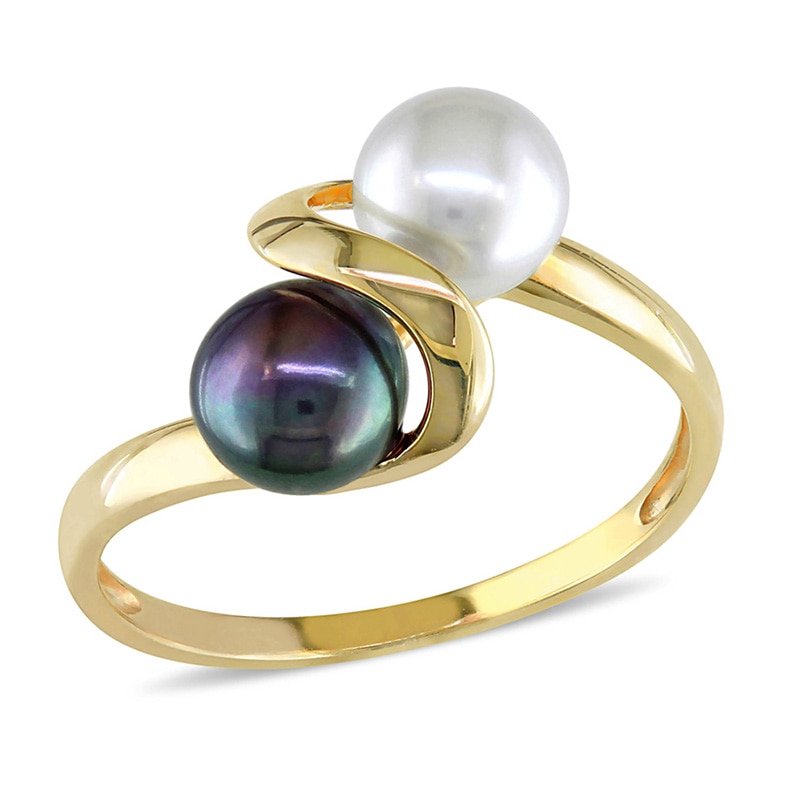 5.5 - 6.0mm Button White and Dyed Black Cultured Freshwater Pearl Bypass Ring in 10K Gold|Peoples Jewellers