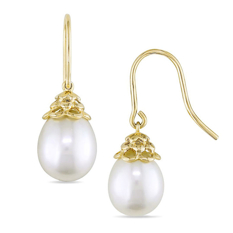 9.0 - 10.0mm Baroque Cultured Freshwater Pearl Drop Earrings in 14K Gold