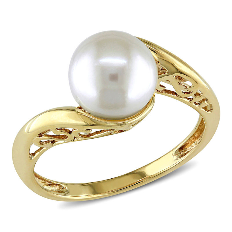 8.0 - 8.5mm Cultured Freshwater Pearl and Scroll Bypass Ring in 10K Gold