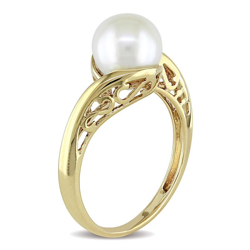 8.0 - 8.5mm Cultured Freshwater Pearl and Scroll Bypass Ring in 10K Gold