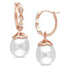 Thumbnail Image 0 of 9.0 - 9.5mm Baroque Cultured Freshwater Pearl and Diamond Accent Twisted Drop Hoop Earrings in 10K Rose Gold