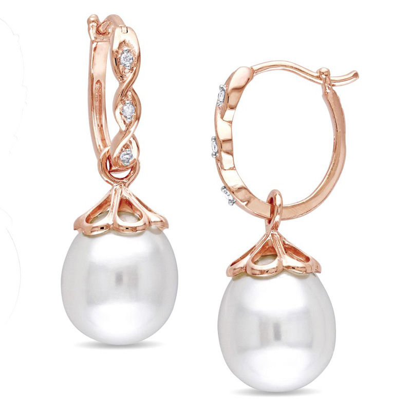 9.0 - 9.5mm Baroque Cultured Freshwater Pearl and Diamond Accent Twisted Drop Hoop Earrings in 10K Rose Gold