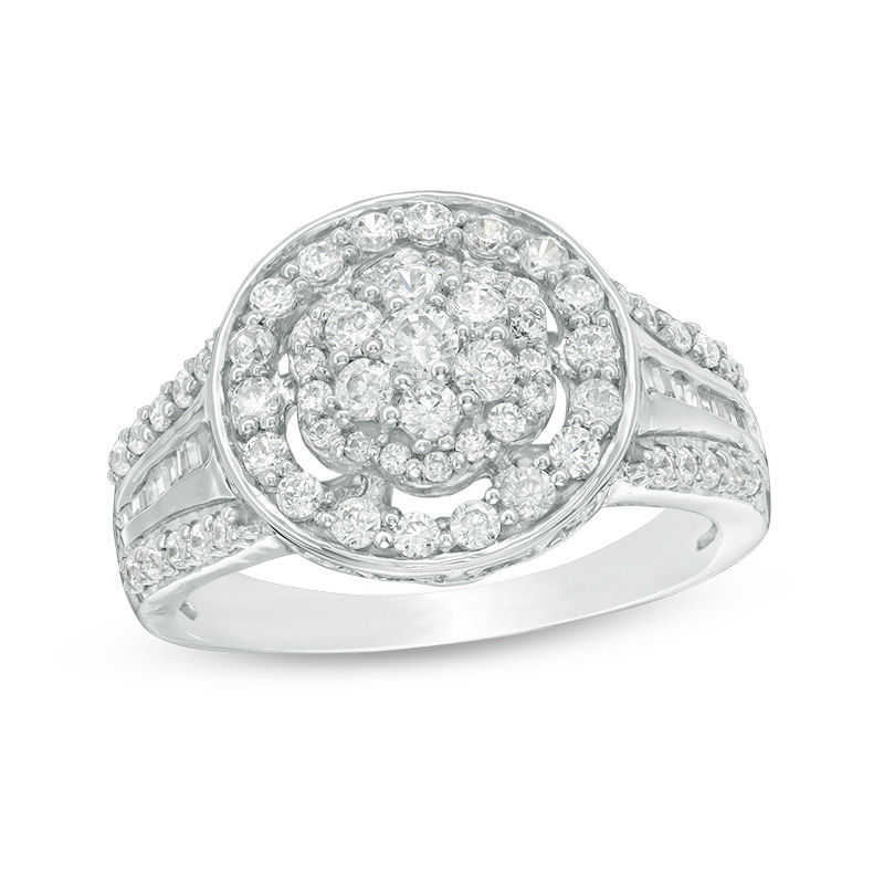 0.95 CT. T.W. Multi-Diamond Flower Three-Row Ring in 10K White Gold|Peoples Jewellers