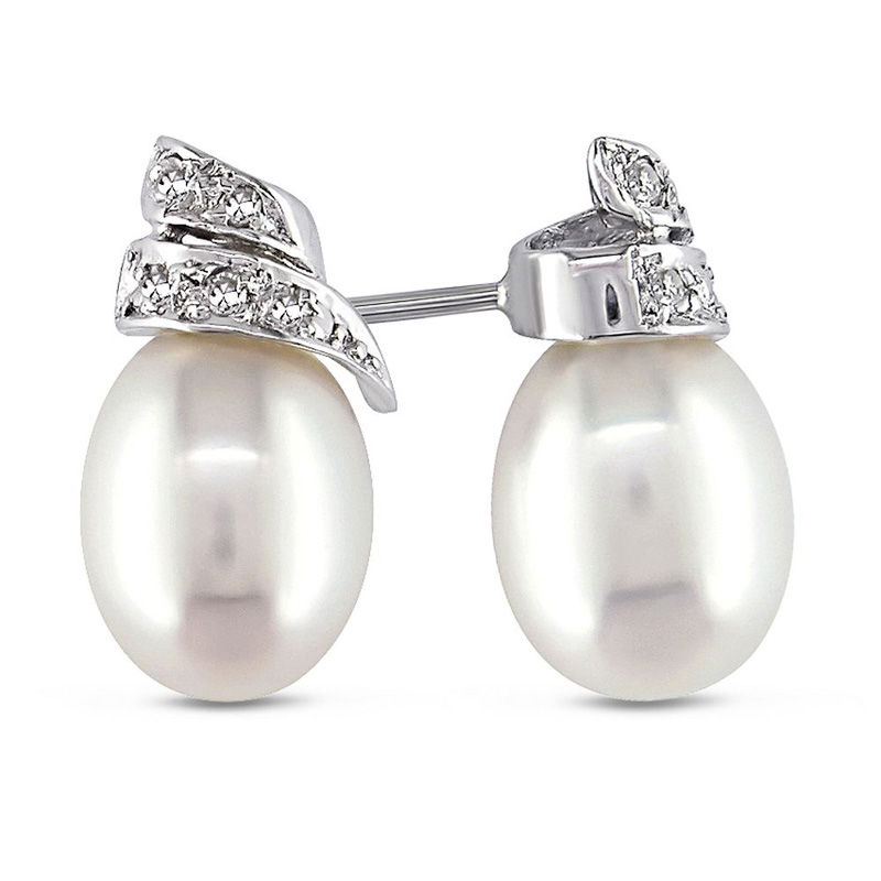 6.5 - 7.0mm Baroque Cultured Freshwater Pearl and Diamond Accent Drop Earrings in 14K White Gold|Peoples Jewellers