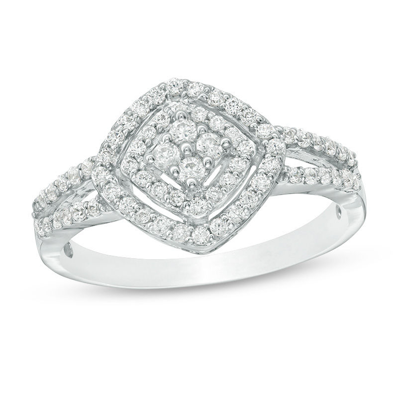 0.45 CT. T.W. Quad Diamond Tilted Double Cushion Frame Ring in 10K White Gold