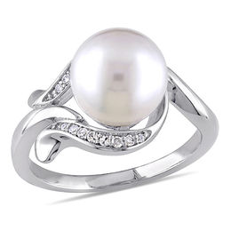 9.0 - 9.5mm Cultured Freshwater Pearl and 0.07 CT. T.W. Diamond Loop Ring in 10K White Gold