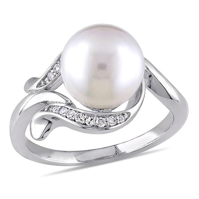 9.0 - 9.5mm Cultured Freshwater Pearl and 0.07 CT. T.W. Diamond Loop Ring in 10K White Gold|Peoples Jewellers