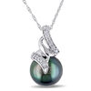 9.5 - 10.0mm Black Cultured Tahitian Pearl and 0.09 CT. T.W. Diamond Cascading Ribbon Pendant in 10K White Gold - 17"