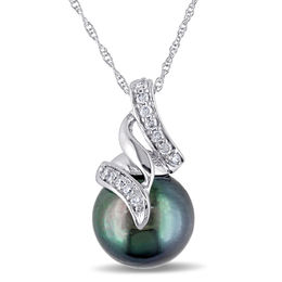 9.5 - 10.0mm Black Cultured Tahitian Pearl and 0.09 CT. T.W. Diamond Cascading Ribbon Pendant in 10K White Gold - 17&quot;