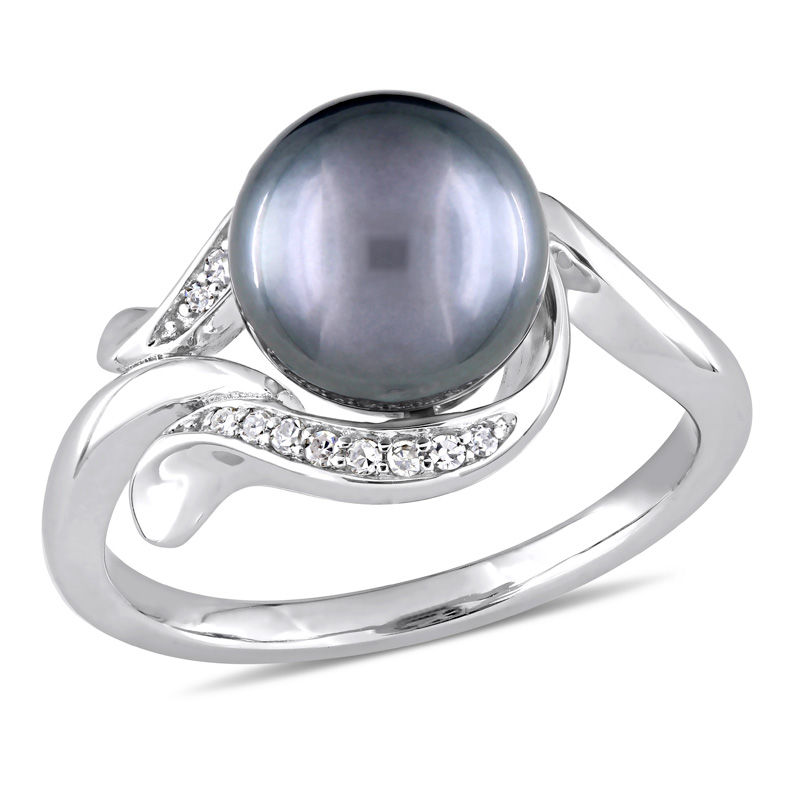 8.5 - 9.0mm Black Cultured Tahitian Pearl and 0.07 CT. T.W. Diamond Loop Ring in 14K White Gold