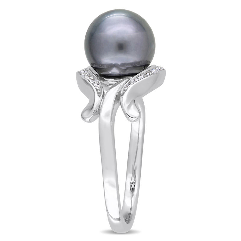 8.5 - 9.0mm Black Cultured Tahitian Pearl and 0.07 CT. T.W. Diamond Loop Ring in 14K White Gold