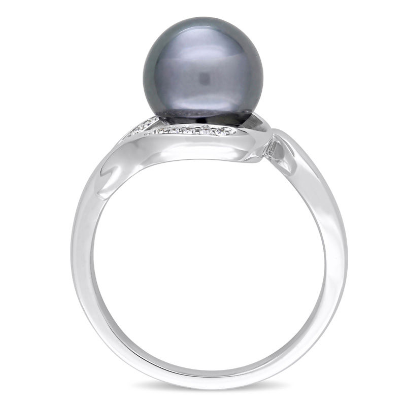 8.5 - 9.0mm Black Cultured Tahitian Pearl and 0.07 CT. T.W. Diamond Loop Ring in 14K White Gold
