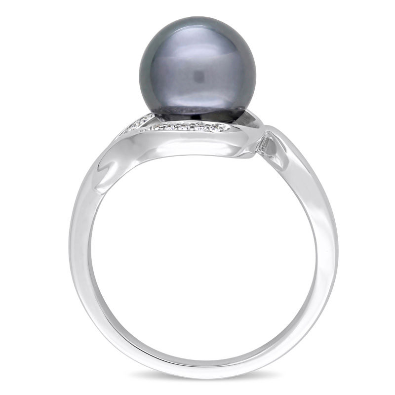 8.5-9.0mm Black Tahitian Cultured Pearl and 0.07 CT. T.W. Diamond Loop Ring in 14K White Gold