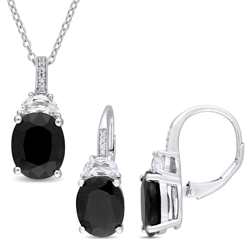 Oval Black Sapphire, Lab-Created White Sapphire and Diamond Accent Pendant and Earrings Set in Sterling Silver|Peoples Jewellers