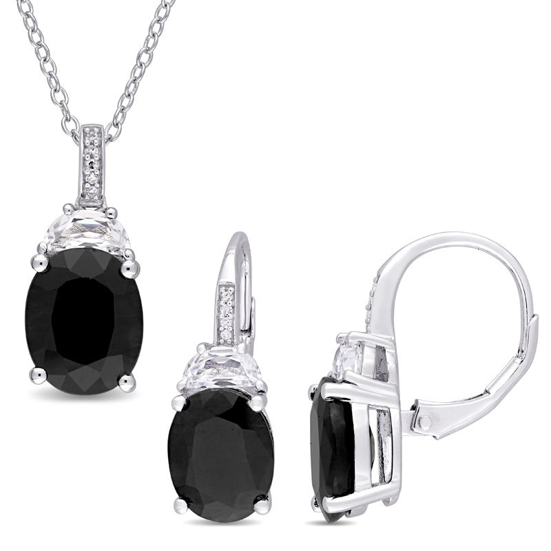 Oval Black Sapphire, Lab-Created White Sapphire and Diamond Accent Pendant and Earrings Set in Sterling Silver