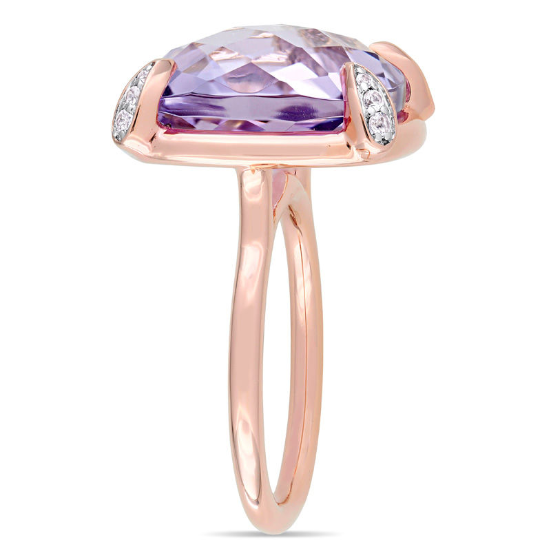 15.0mm Faceted Cushion-Cut Rose de France Amethyst and White Sapphire Ring in 14K Rose Gold