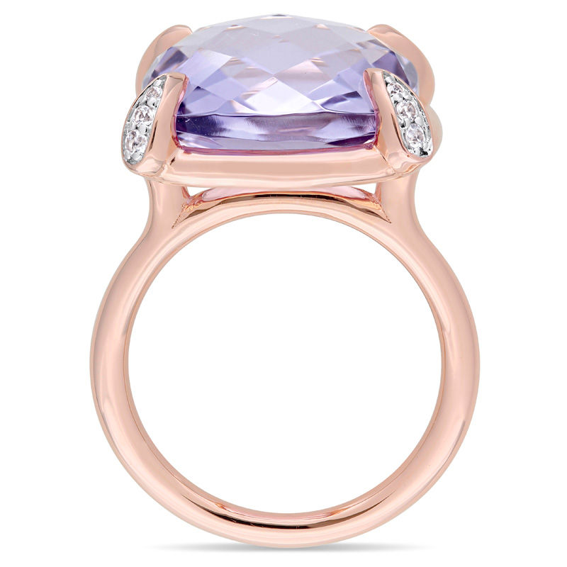 15.0mm Faceted Cushion-Cut Rose de France Amethyst and White Sapphire Ring in 14K Rose Gold