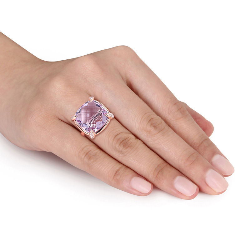 15.0mm Faceted Cushion-Cut Rose de France Amethyst and White Sapphire Ring in 14K Rose Gold