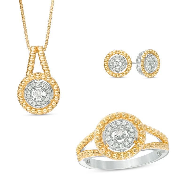 0.18 CT. T.W. Diamond Pendant, Ring and Earrings Set in Sterling Silver with 14K Gold Plate - Size 7|Peoples Jewellers