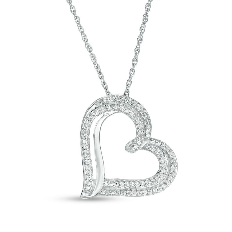 0.18 CT. T.W. Diamond Tilted Double Heart Pendant in Sterling Silver