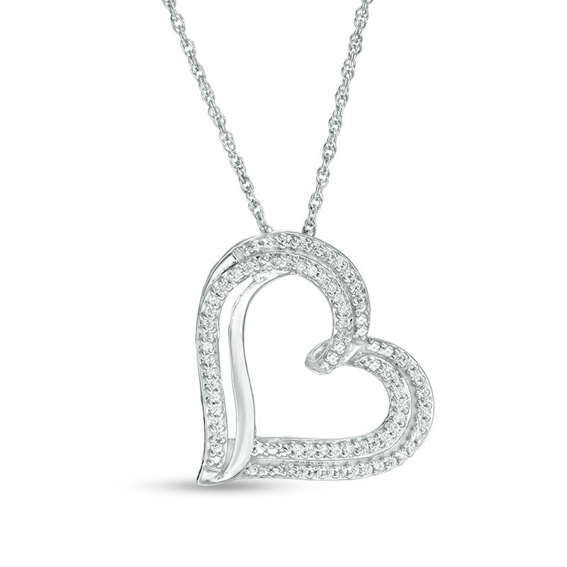 0.18 CT. T.W. Diamond Tilted Double Heart Pendant in Sterling Silver|Peoples Jewellers