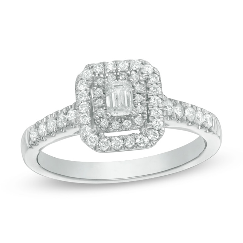 0.45 CT. T.W. Emerald-Cut Diamond Double Frame Engagement Ring in 14K White Gold|Peoples Jewellers