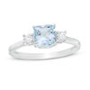 Thumbnail Image 0 of 6.0mm Cushion-Cut Aquamarine and White Lab-Created Sapphire Three Stone Ring in Sterling Silver