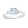 Thumbnail Image 1 of 6.0mm Cushion-Cut Aquamarine and White Lab-Created Sapphire Three Stone Ring in Sterling Silver