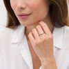 Thumbnail Image 2 of 6.0mm Cushion-Cut Aquamarine and White Lab-Created Sapphire Three Stone Ring in Sterling Silver