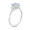 Thumbnail Image 2 of 6.0mm Cushion-Cut Aquamarine and White Lab-Created Sapphire Three Stone Ring in Sterling Silver