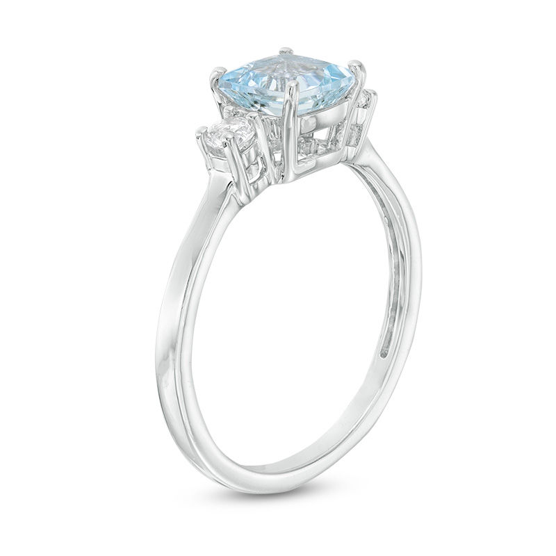 Main Image 3 of 6.0mm Cushion-Cut Aquamarine and White Lab-Created Sapphire Three Stone Ring in Sterling Silver