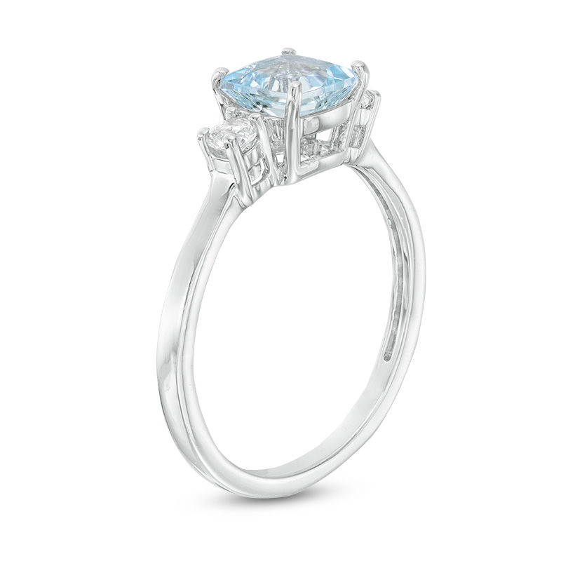 6.0mm Cushion-Cut Aquamarine and White Lab-Created Sapphire Three Stone Ring in Sterling Silver