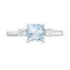 Thumbnail Image 3 of 6.0mm Cushion-Cut Aquamarine and White Lab-Created Sapphire Three Stone Ring in Sterling Silver