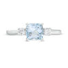 Thumbnail Image 4 of 6.0mm Cushion-Cut Aquamarine and White Lab-Created Sapphire Three Stone Ring in Sterling Silver