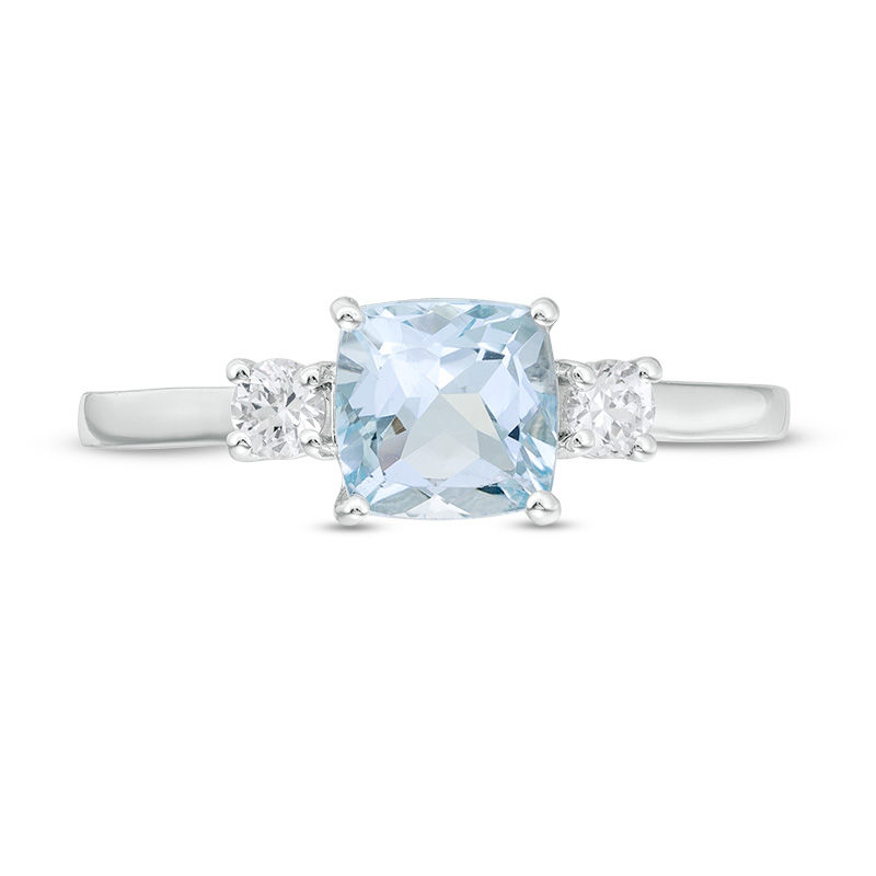 6.0mm Cushion-Cut Aquamarine and White Lab-Created Sapphire Three Stone Ring in Sterling Silver