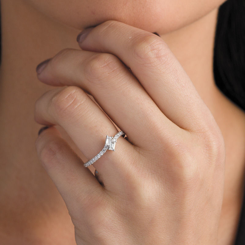 Main Image 3 of Ever Us™ 0.25 CT. T.W. Two-Stone Baguette Diamond Slant Bypass Ring in 10K White Gold